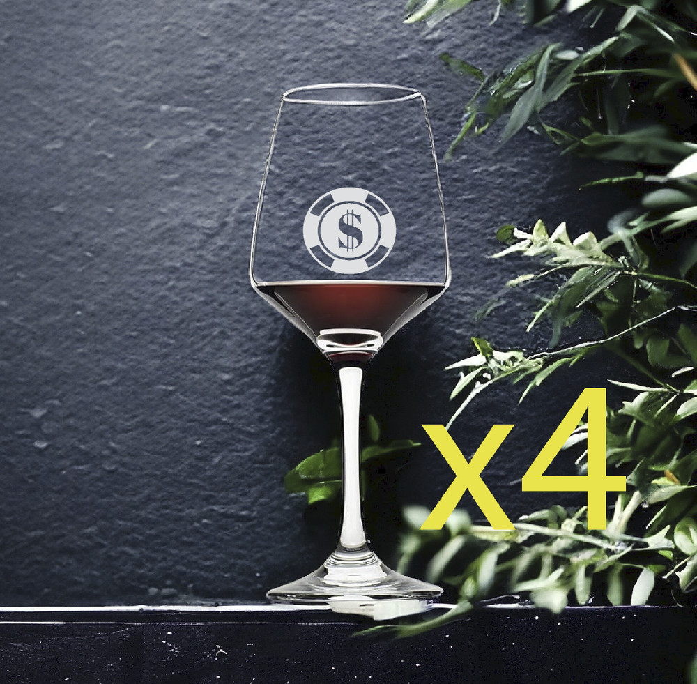 Poker Chip Wine Glasses x4 Premium 12 Oz Personalize Dollar Sign Money Cards NEW