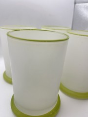 Set of 4 Vintage Frosted Glass Tumblers Green Rim & Base Mid-Century – 5” MCM