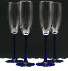 Set of 4 France Cobalt Blue Stem Glass Champagne Flutes Vintage, Beautiful Color