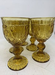 5 Vintage MCM Circle Glass Retro Embossed Stemmed Amber Wine Goblets Scalloped