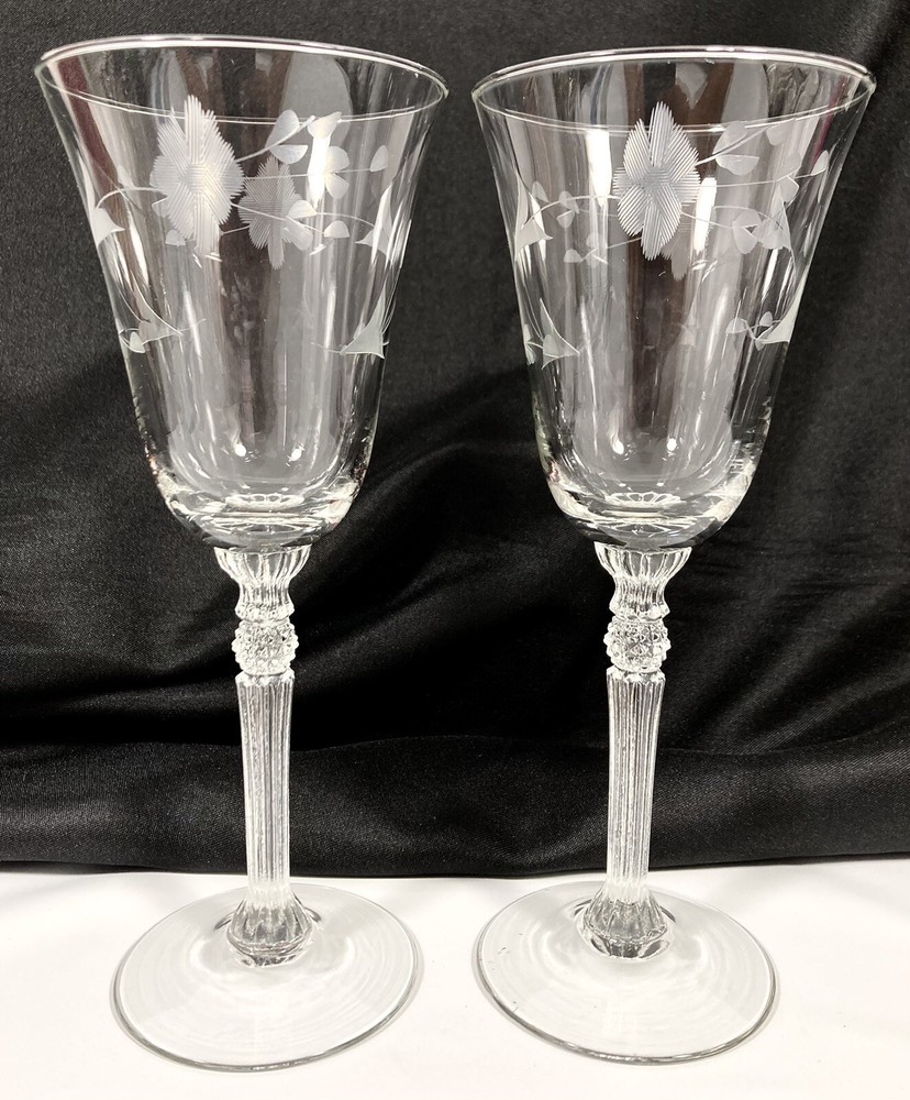 Etched Floral Leaf Diamond Ball Stem Wine Water Goblets 8 1/4″ Tall Set of 2 Vtg