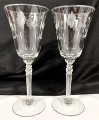 Etched Floral Leaf Diamond Ball Stem Wine Water Goblets 8 1/4″ Tall Set of 2 Vtg