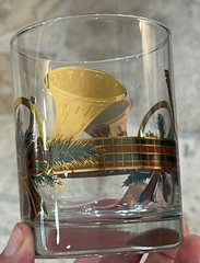 VTG 4 Set CULVER Yule Horn Bow Holiday Rocks Old Fashioned Glasses 14oz 22k Gold