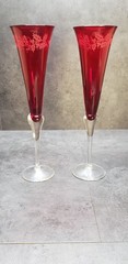 LENOX Glass Ruby Red Clear Stem Etched Holly Holiday Gems Champagne Flutes Set 2