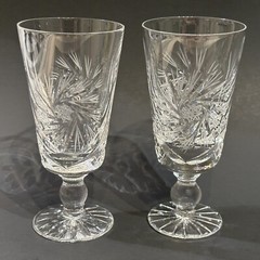 Set of 2 Hand Blown Cut Glass Crystal Hobstar and Pinwheel Cordial Glasses 4.5″