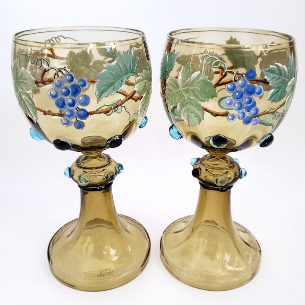 2 Large Roemer Goblets Glass Hand Painted Blue Grapes Prunts German or Bohemian