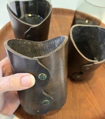 Vintage Mid Century Smoke Glass Double Old Fashioned Tumblers Leather Holders