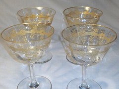 Set 4 Crystal French Empire Champagne Glasses Etched Gold Flowers Ivy Exquisite