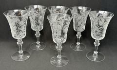 6 Vintage Tiffin Franciscan Etched Fuschia Crystal Water / Wine Goblet Glasses