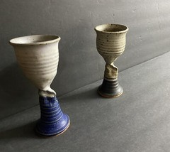 Vintage Studio Art Pottery stoneware pair of Goblets With Pinched Stems Signed