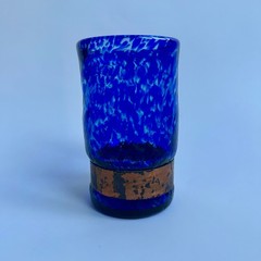Unique Handblown Cobalt Blue Glass Copper Band Cup Tumbler Vase Art 5.75″ Tall