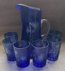 VTG Cobalt Blue Cut to Clear Bohemian/Romanian Crystal Pitcher and Six Glasses