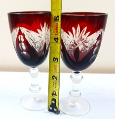 Bohemian Czech Ruby Red Cut to Clear Crystal Fan & Starburst Goblets Set of 2