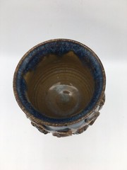 Vintage Artisan Hand Crafted Stoneware Pottery Wine Goblet Wood Stem Signed