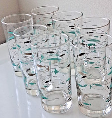7 Vint Libbey Mediterranean Atomic Fish Tumbler glass MCM Retro 5.75″ silver rim