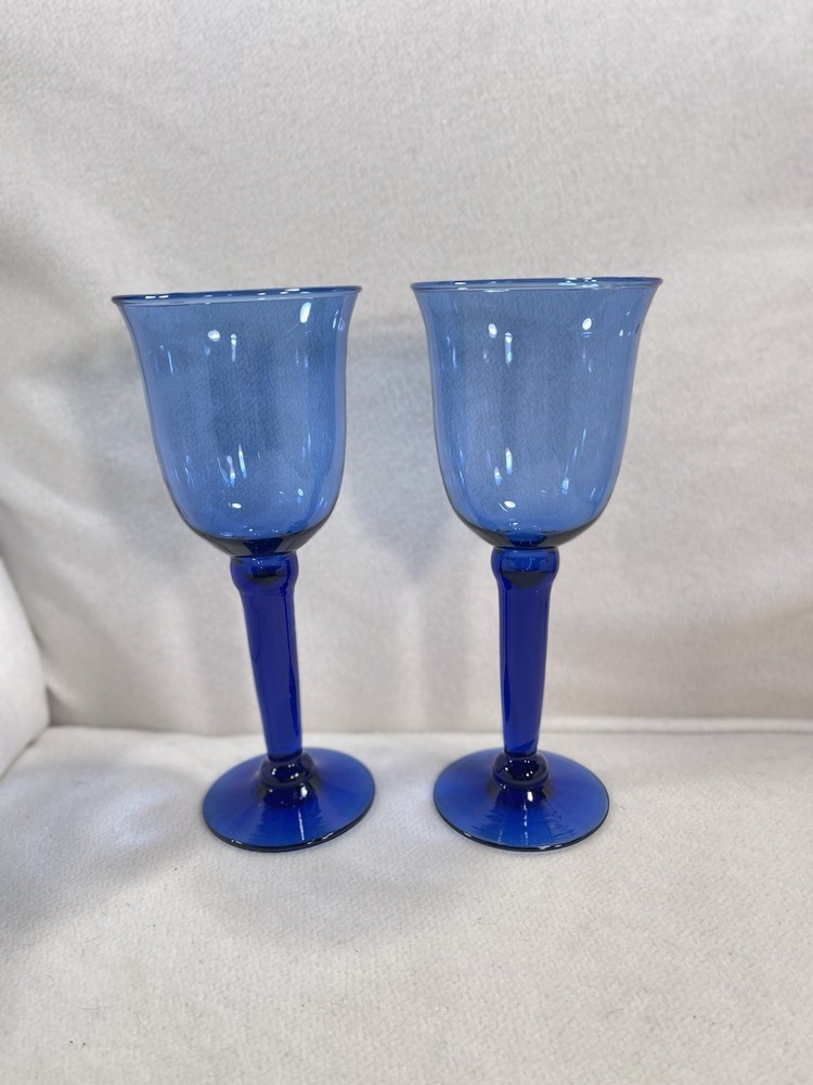 Vtg Set 2 Handblown Cobalt Blue Long Stemmed Wine Glasses 8.5”