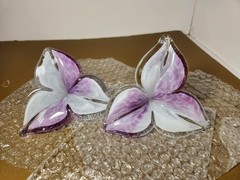 Handmade Art Glass Flower Figurines – Purple & White – Set of 2 –Collectible