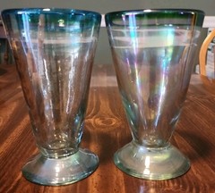 2 Hand Blown Stemware V-Shaped Glasses Iridescent Green Blue Band Luster Mexican