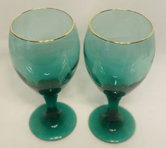 2 Libbey Glass Teardrop Goblets Green Gold Rim 12oz Juniper Water Wine Vintage
