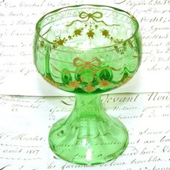 Antique French Blown Green Glass 4″ Goblet or Sorbet Cup with Raised Gold Enamel