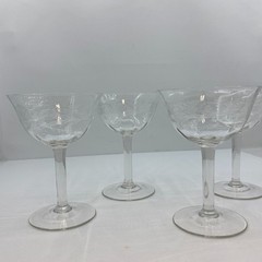SET 4 Antique CHAMPAGNE / Sherbet COUPE French Mousseline CRYSTAL ETCHED Floral