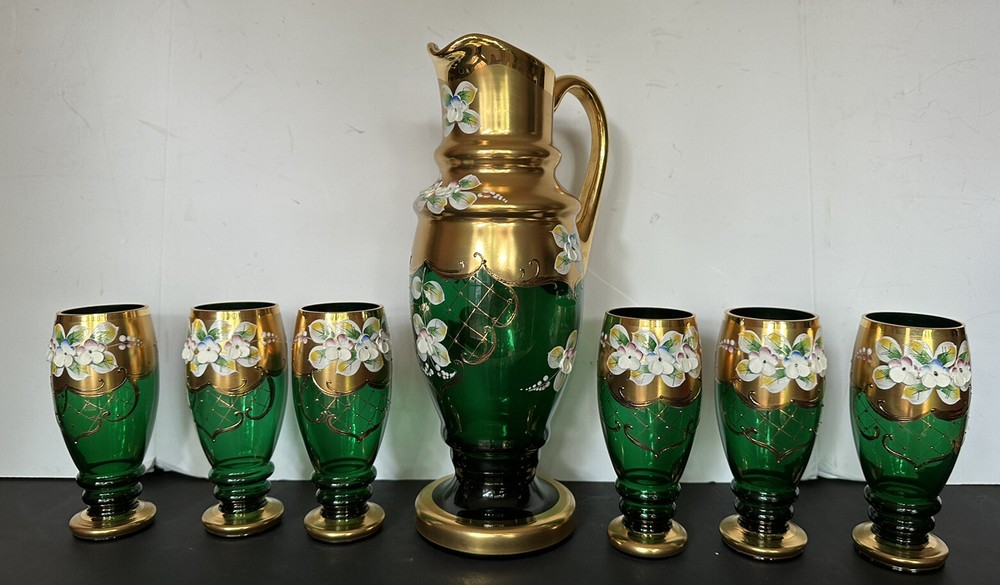 Vtg Bohemian Emerald Green 24k Gold Pained Flowers Water Pitcher & Glass Set