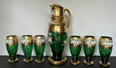 Vtg Bohemian Emerald Green 24k Gold Pained Flowers Water Pitcher & Glass Set