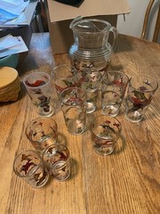 Vintage Hazel Atlas 1950’s Pheasant Hunting Scene Beverage Pitcher & 10 Glasses