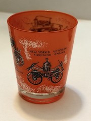 Vintage Fire Engine Frosted Shot Glass Red Firefighter Barware New York Veteran