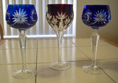 3 Cut to Clear Bohemian Crystal Wine Hock Glasses 2 Cobalt Blue & Ruby Red