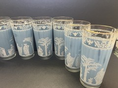 8 Vintage Jeannette Hellenic Blue Jasperware Highball Tumblers 6.5” MCM