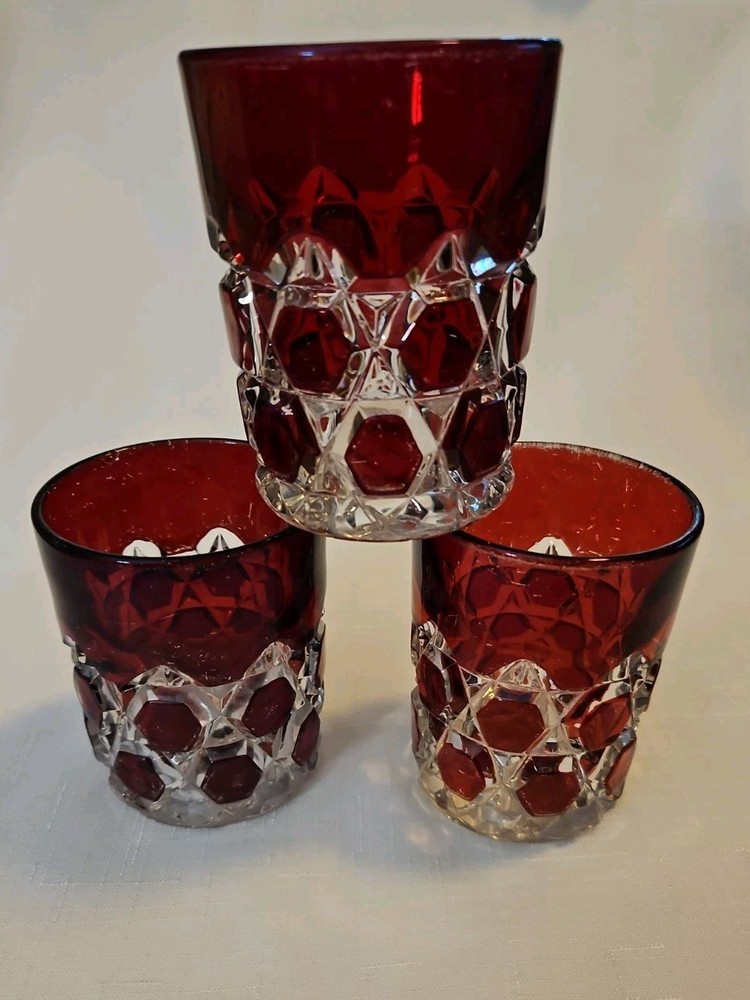Antique 1890s EAPG DOYLE & CO 3.5″ Red Block Rocks Glasses Tumblers