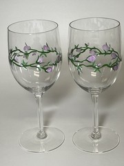Handpainted Rose Vine Wine Glasses Set of 2 Pink Flowers on Vine