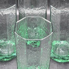 Vintage MCM Textured Green Tint Highball Glasses Set of 4 Hexagon Tumblers 6″