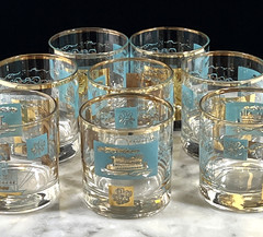 8 ~VTG MCM Libbey’s Old Fashioned Steamboat Glasses Teal Gold Southern Comfort