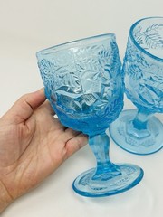 Fenton LG Wright Madonna Inn Wild Rose Goblet Turquoise Blue Glass Set 6 1/2″