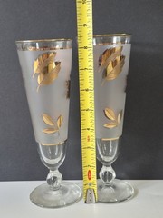 Set Of 2 Vtg Libbey Gold Foliage Frosted Pilsner Champagne Glasses *w/ Ball Stem