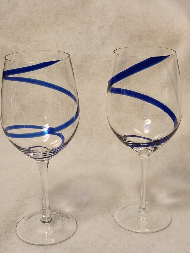 Pier 1 Swirl Line Blue Colbalt Water or Large Red Wine 8 7/8″ Glass Set 2