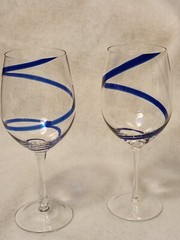 Pier 1 Swirl Line Blue Colbalt Water or Large Red Wine 8 7/8″ Glass Set 2
