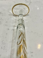 MCM Vintage Fluted 10” Footed Bud Vase Clear Glass Gold Wheat Design Gold Trim