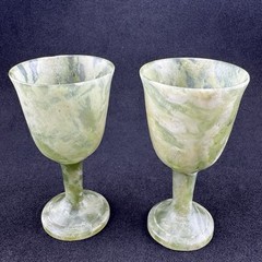 Vtg Green Onyx Marble Wine Goblets Cordial Cups Earthy Vibrance Hand Carved 3.5”