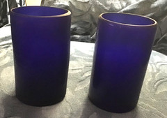 Set Of 2 Hand Blown Optic Swirl Cobalt Blue Glass Tumblers With Pontil Mark 5″