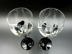 2 PINK & YELLOW FLORAL WINE GLASSES / WINE GOBLETS WITH BLACK STEMS