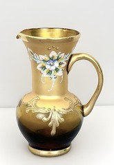 Vintage Venetian Murano Amber Glass Creamer Pitcher | 24K Gold Enamel | 4.5”