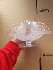 White Dugan Carnival Glass Puzzle Stemmed Card Tray Floral & Wheat Ext