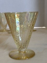 4 Vintage Parfait Glasses Yellow/Gold Iridescent Swirl, footed, some tiny chips