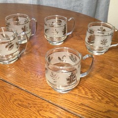 Set of 6 Libbey Glass Co. Silver Leaf 3 1/4-inch Cups Mugs with Metal Handles