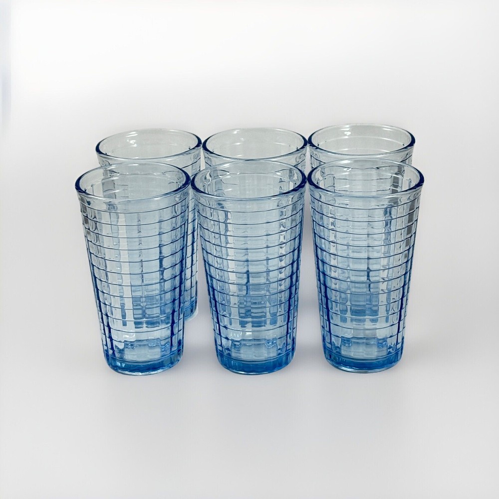 Set Of Six Two-Tone Blue Drinking Glasses Checkered Pattern Stands 5 1/8 In.Tall