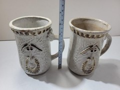 Studio Pottery Face Mug Set White Stoneware Folk Art Sculpted Beard Rustic Pair