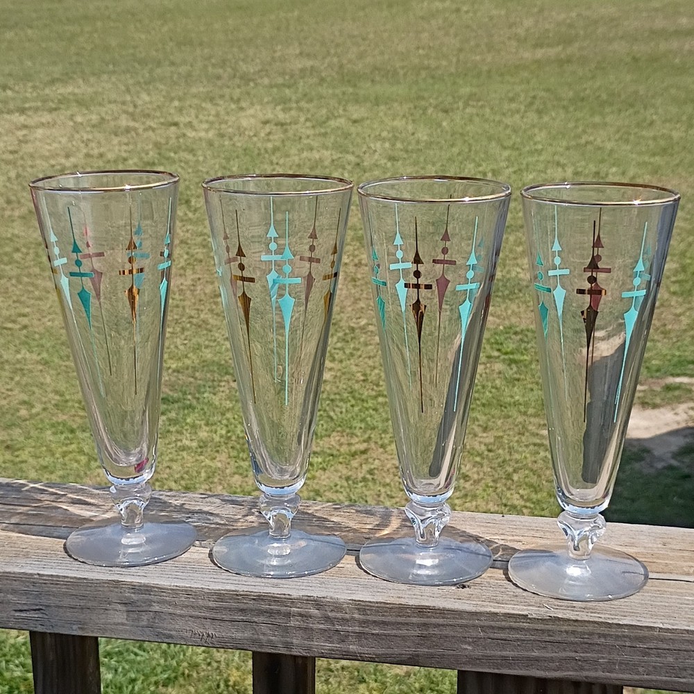 Libbey 50’s Staccato 6 Aqua/Gold 8 1/8″ Pilsner Glasses